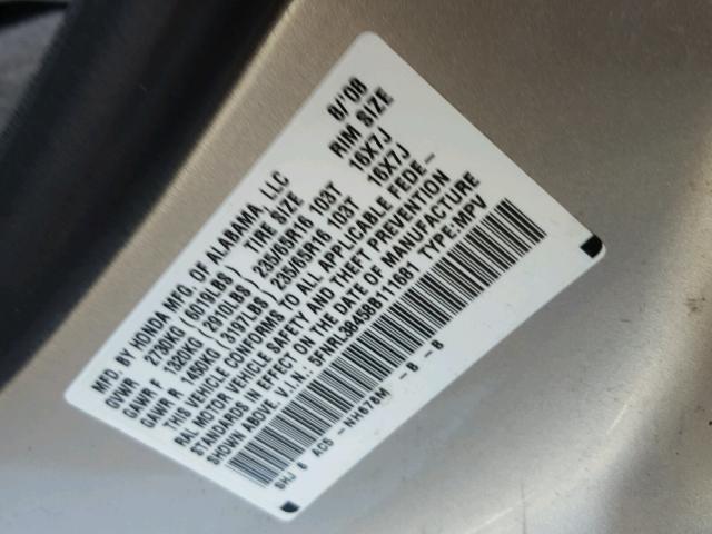 5FNRL38458B111681 - 2008 HONDA ODYSSEY SILVER photo 10