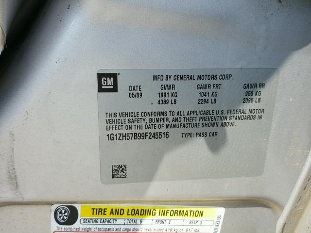 1G1ZH57B99F245516 - 2009 CHEVROLET MALIBU 1LT 银色 照片 10