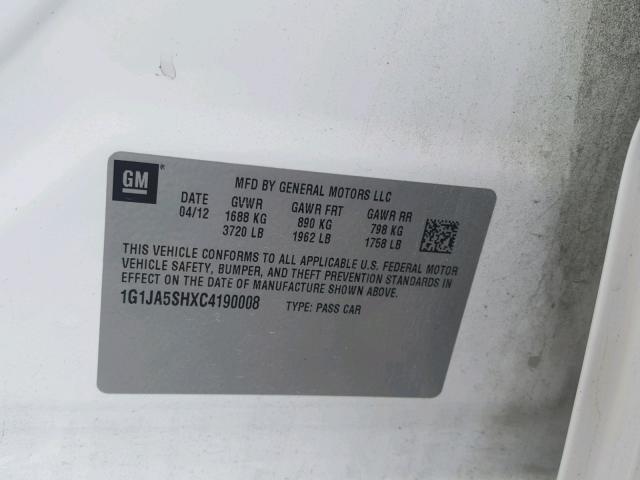 1G1JA5SHXC4190008 - 2012 CHEVROLET SONIC LS WHITE photo 10