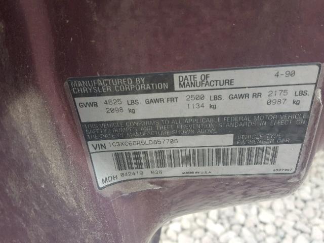 1C3XC66R5LD857706 - 1990 CHRYSLER NEW YORKER 红色 照片 10