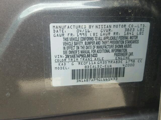 3N1AB7AP9GL661433 - 2016 NISSAN SENTRA GRAY photo 10