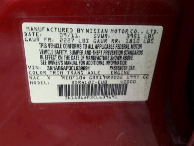 3N1AB6AP3CL639691 - 2012 NISSAN SENTRA 2.0 RED photo 10