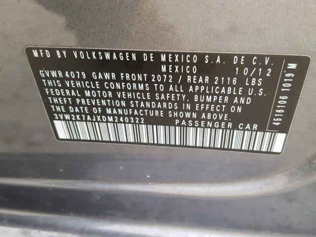 3VW2K7AJXDM240322 - 2013 VOLKSWAGEN JETTA BASE 灰色 照片 10