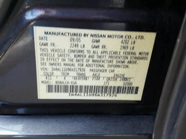 1N4AL11D96N317926 - 2006 NISSAN ALTIMA GRAY photo 10