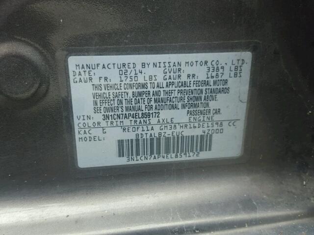 3N1CN7AP4EL859172 - 2014 NISSAN VERSA GRAY photo 10