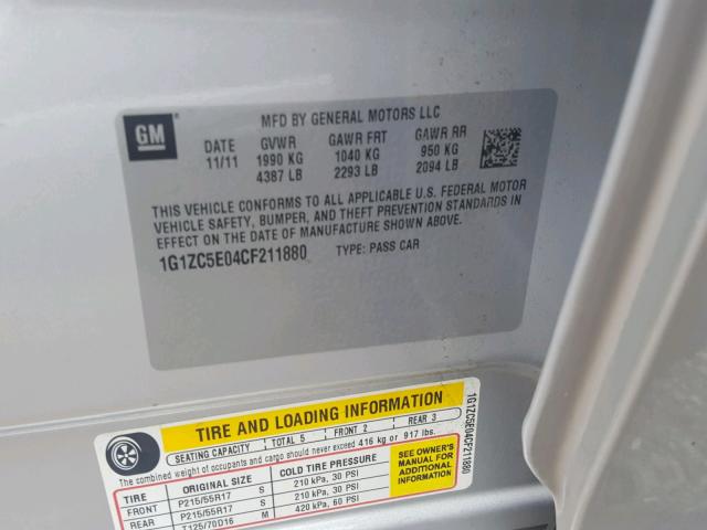 1G1ZC5E04CF211880 - 2012 CHEVROLET MALIBU 1LT SILVER photo 10