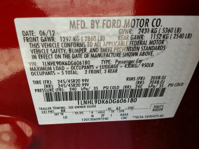 1LNHL9DK6DG606180 - 2013 LINCOLN MKS RED photo 10