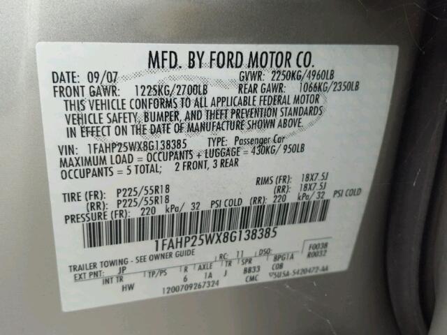 1FAHP25WX8G138385 - 2008 FORD TAURUS SILVER photo 10