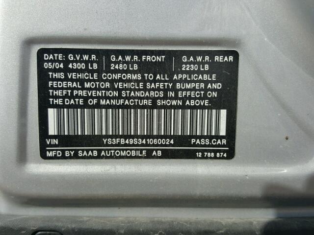 YS3FB49S341060024 - 2004 SAAB 9-3 SILVER photo 10