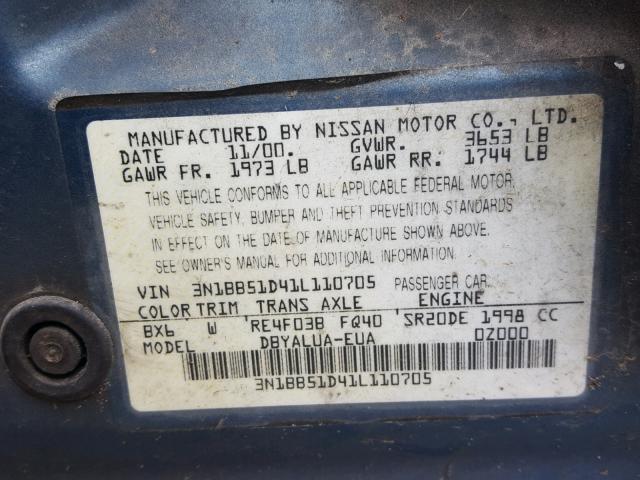 3N1BB51D41L110705 - 2001 NISSAN SENTRA SE BLUE photo 10