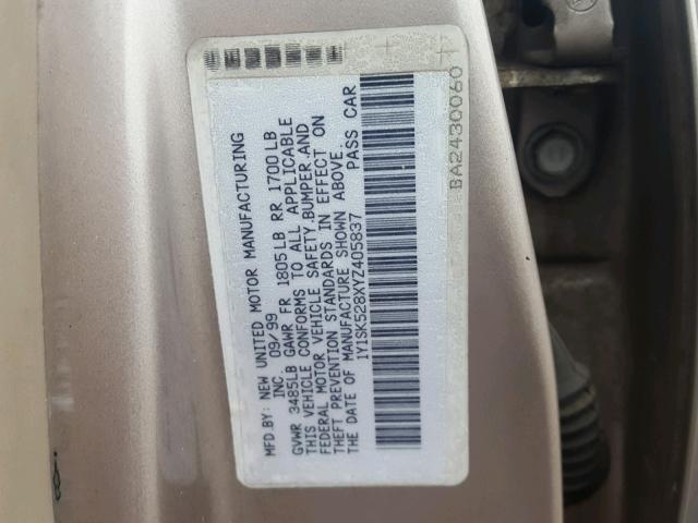 1Y1SK528XYZ405837 - 2000 CHEVROLET GEO PRIZM TAN photo 10