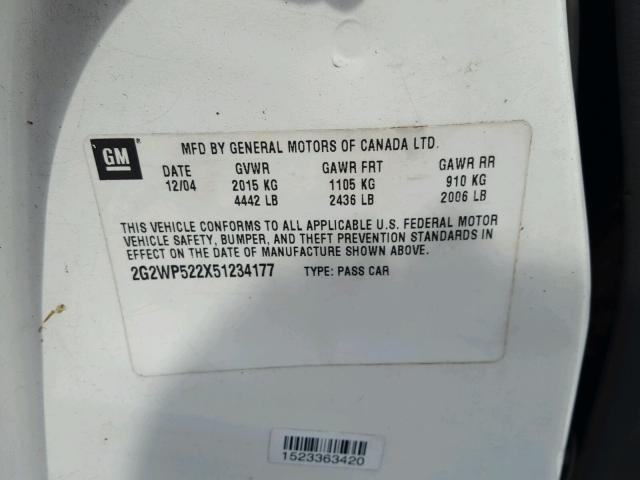 2G2WP522X51234177 - 2005 PONTIAC GRAND PRIX WHITE photo 10