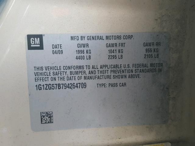 1G1ZG57B794264709 - 2009 CHEVROLET MALIBU LS ოქროსფერი ფოტო 10
