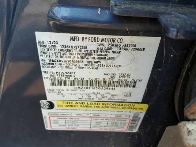 1FMZK05165GA29645 - 2005 FORD FREESTYLE BLUE photo 10