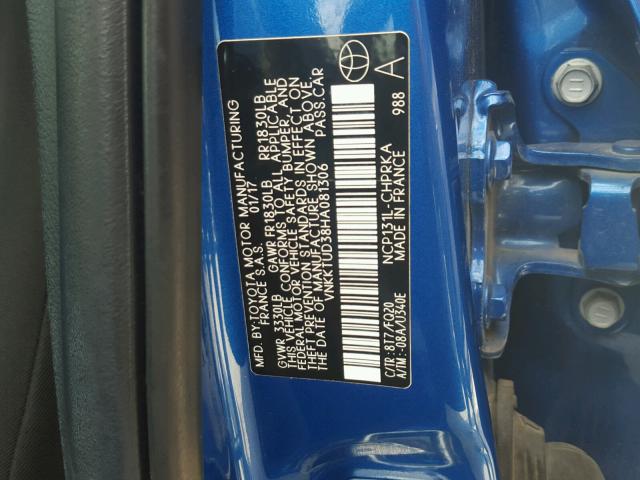 VNKKTUD38HA081306 - 2017 TOYOTA YARIS L BLUE photo 10