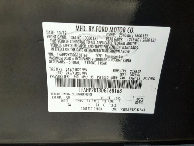 1FAHP2KT3DG168168 - 2013 FORD TAURUS SHO BLACK photo 10