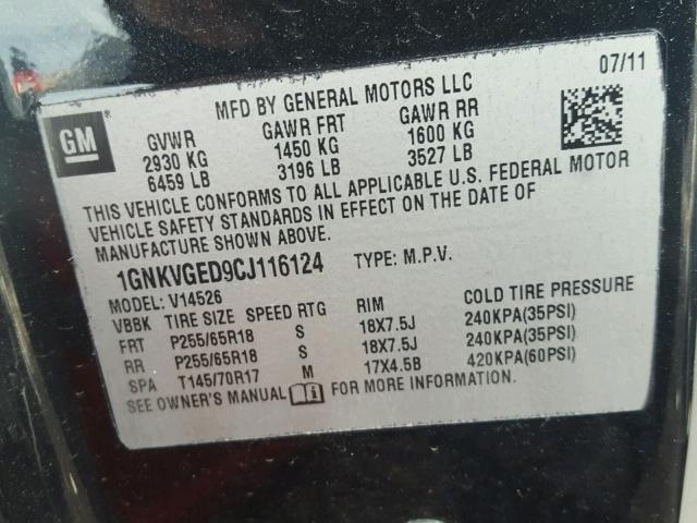 1GNKVGED9CJ116124 - 2012 CHEVROLET TRAVERSE L BLACK photo 10