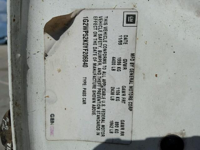 1G2WP52K0YF206840 - 2000 PONTIAC GRAND PRIX WHITE photo 10