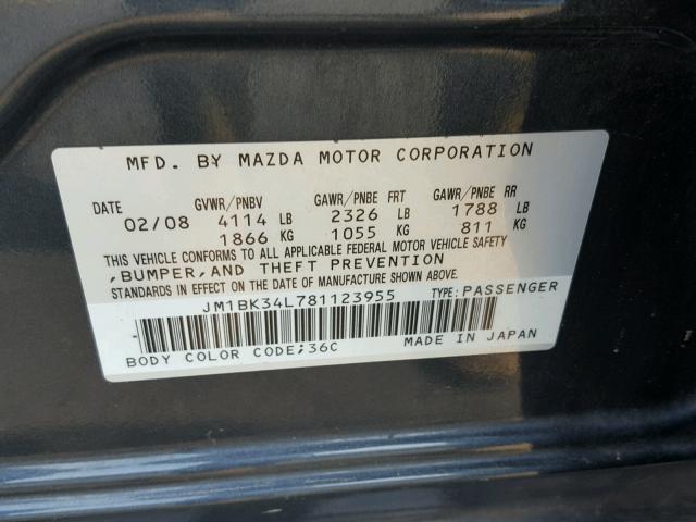 JM1BK34L781123955 - 2008 MAZDA SPEED 3 CHARCOAL photo 10