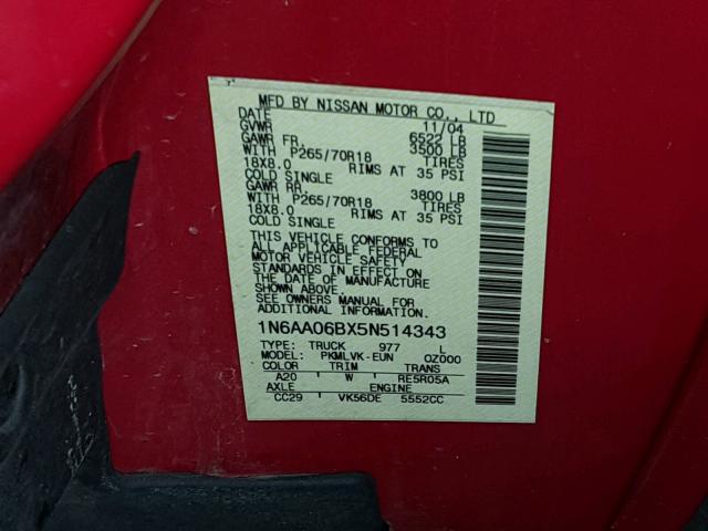 1N6AA06BX5N514343 - 2005 NISSAN TITAN XE RED photo 10