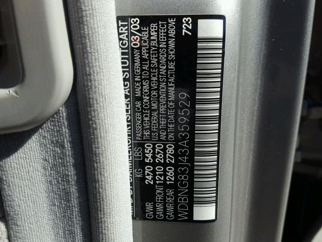 WDBNG83J43A359529 - 2003 MERCEDES-BENZ S 430 4MAT SILVER photo 10