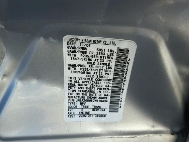 JN8AZ08W57W619434 - 2007 NISSAN MURANO SILVER photo 10