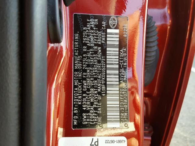 4T1BF1FK0GU522731 - 2016 TOYOTA CAMRY LE RED photo 10