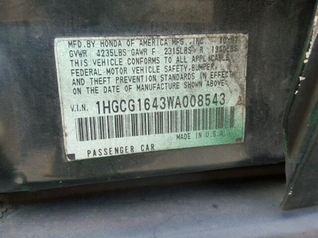 1HGCG1643WA008543 - 1998 HONDA ACCORD GREEN photo 10