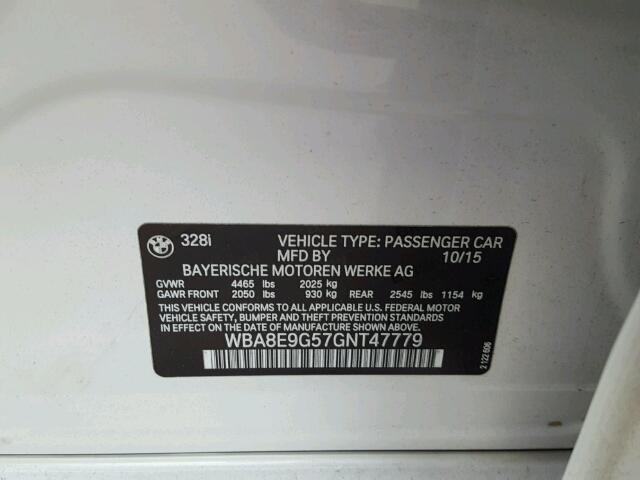 WBA8E9G57GNT47779 - 2016 BMW 328 I SULE WHITE photo 10