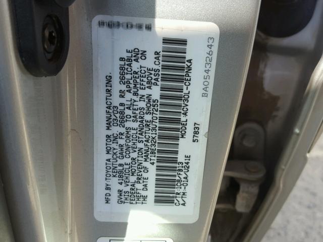 4T1BE32K13U707255 - 2003 TOYOTA CAMRY LE SILVER photo 10