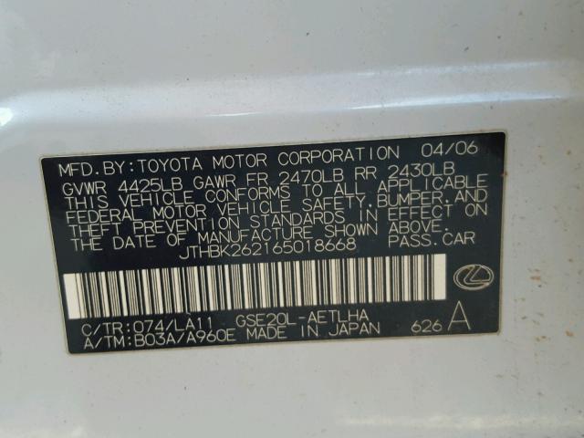 JTHBK262165018668 - 2006 LEXUS IS 250 WHITE photo 10