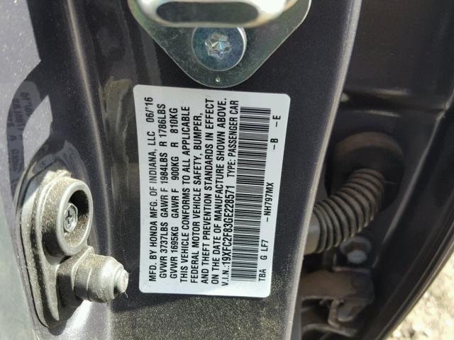 19XFC2F83GE228571 - 2016 HONDA CIVIC EX ნაცრისფერი ფოტო 10
