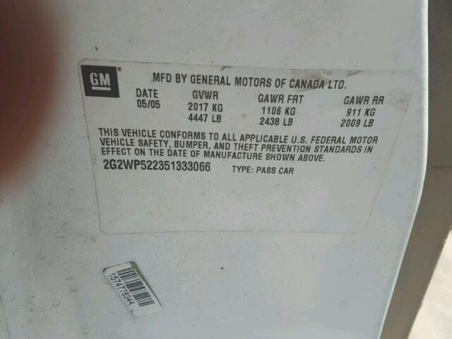 2G2WP522351333066 - 2005 PONTIAC GRAND PRIX WHITE photo 10