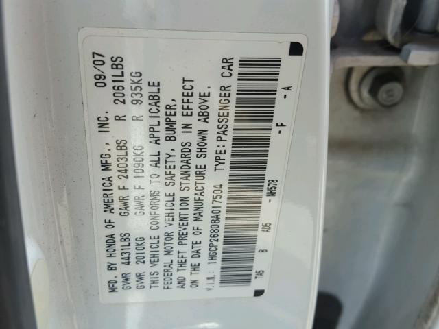 1HGCP26808A017504 - 2008 HONDA ACCORD EXL WHITE photo 10