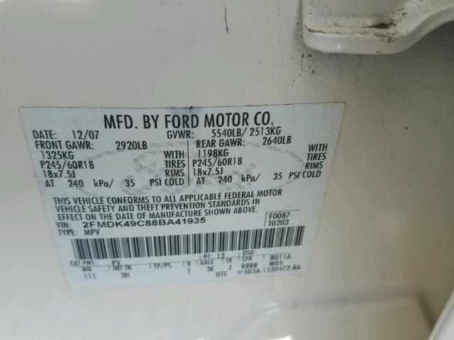 2FMDK49C88BA41935 - 2008 FORD EDGE WHITE photo 10