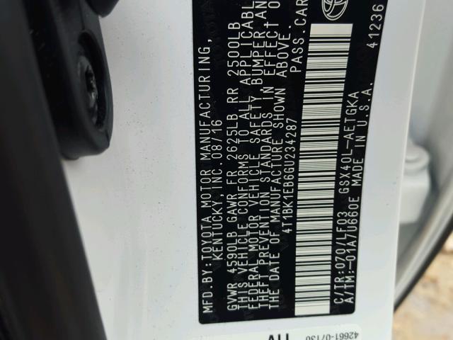 4T1BK1EB6GU234287 - 2016 TOYOTA AVALON XLE WHITE photo 10