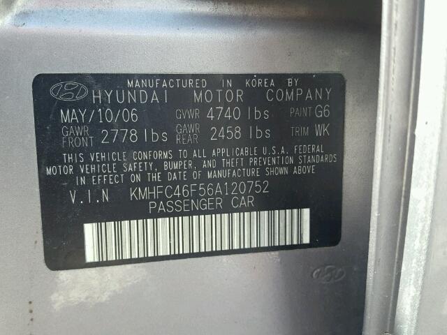 KMHFC46F56A120752 - 2006 HYUNDAI AZERA SE GRAY photo 10