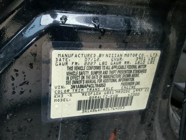 3N1AB6AP4CL764053 - 2012 NISSAN SENTRA BLACK photo 10