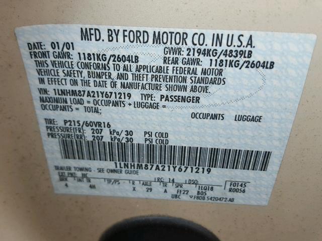 1LNHM87A21Y671219 - 2001 LINCOLN LS 米色 照片 10