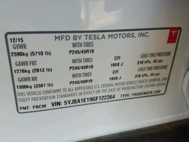 5YJSA1E19GF122364 - 2016 TESLA MODEL S Սպիտակ լուսանկար 10