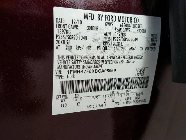 1FMHK7F8XBGA08969 - 2011 FORD EXPLORER RED photo 10