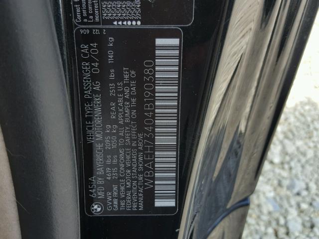 WBAEH73404B190380 - 2004 BMW 645 CI AUT BLACK photo 10