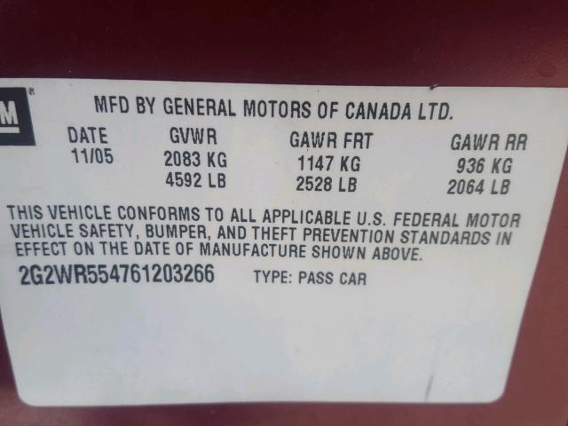 2G2WR554761203266 - 2006 PONTIAC GRAND PRIX MAROON photo 10
