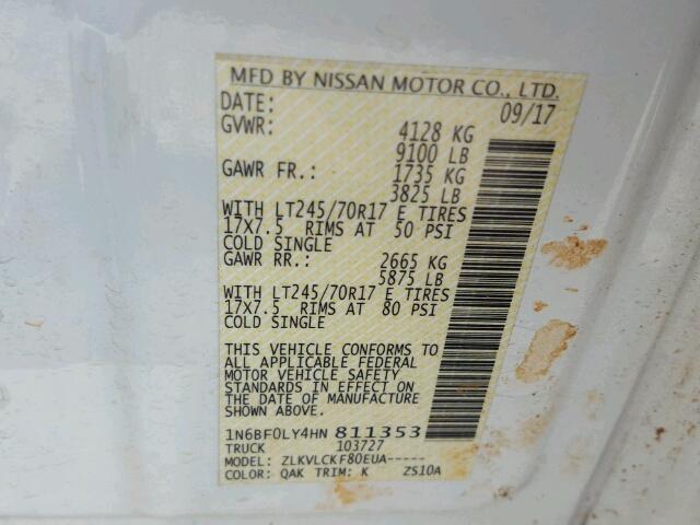 1N6BF0LY4HN811353 - 2017 NISSAN NV 2500 S WHITE photo 10