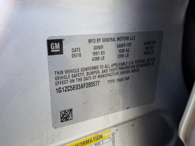 1G1ZC5E03AF285577 - 2010 CHEVROLET MALIBU 1LT ნაცრისფერი ფოტო 10