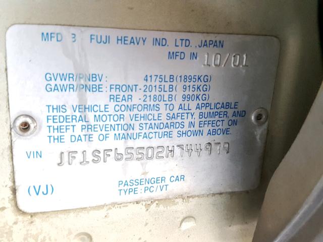 JF1SF65502H744979 - 2002 SUBARU FORESTER S 金色 照片 10