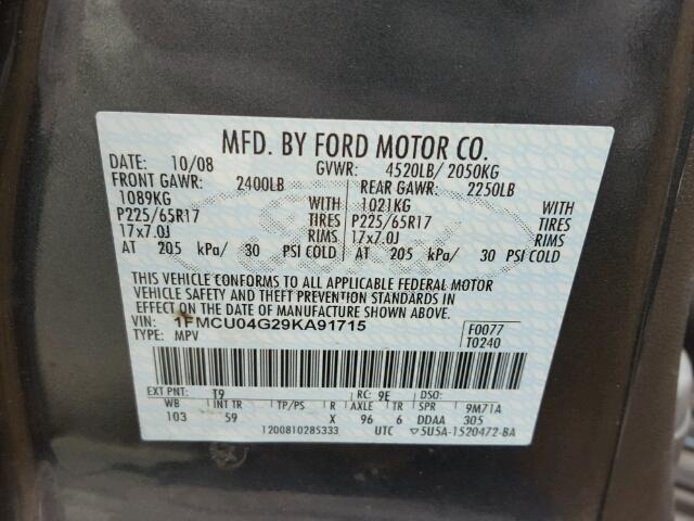 1FMCU04G29KA91715 - 2009 FORD ESCAPE GRAY photo 10