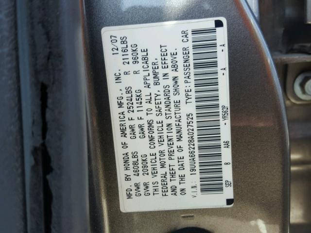 19UUA66228A027525 - 2008 ACURA TL CHARCOAL photo 10