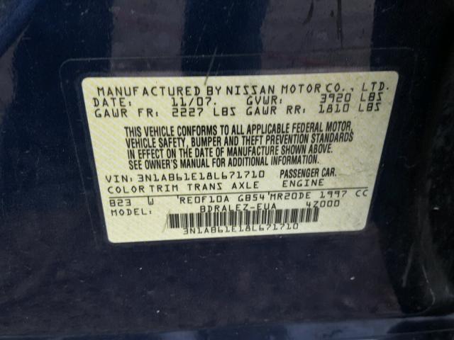 3N1AB61E18L671710 - 2008 NISSAN SENTRA BLUE photo 10