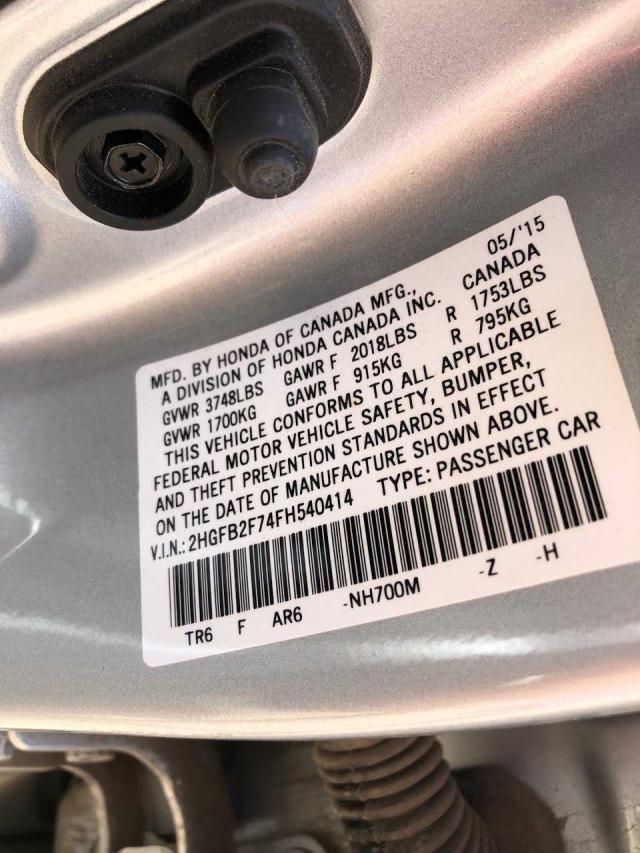 2HGFB2F74FH540414 - 2015 HONDA CIVIC SE SILVER photo 10